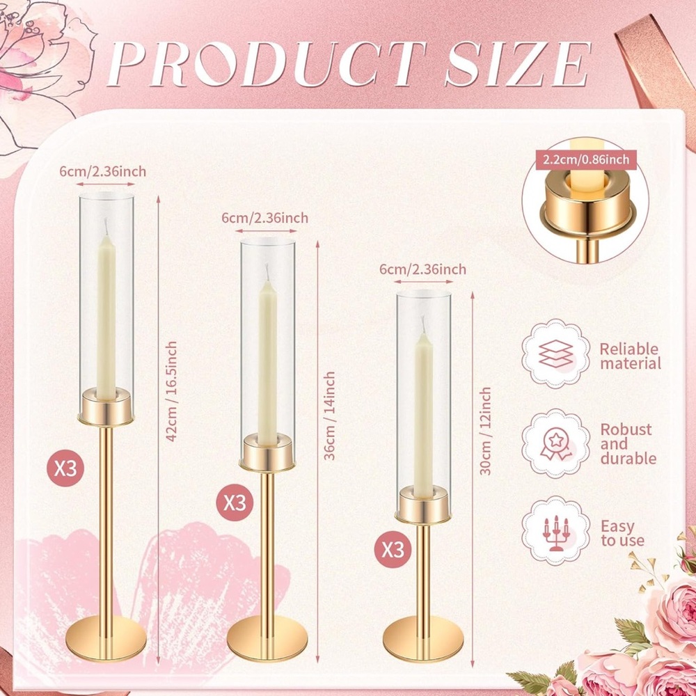 Hurricane/chimney glass. Clear tube glass, gold bases with varying heights